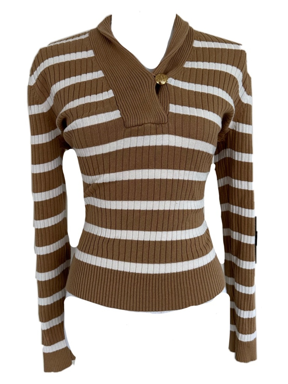 Lauren Ralph Lauren Brown & White Striped V-Neck Ribbed Sweater with Gold Button